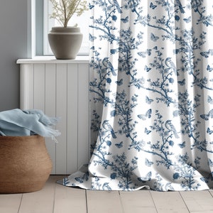 Cortinas de lino floral azul de diseñador, panel de cortina Toile de joy francés azul índigo, cortinas estampadas botánicas de granja para sala de estar