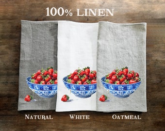 Strawberry bowl Tea Towel in linen, Chinoise bowl Hand Towels Tea in linen, berry linen Dish Towel, Holiday Kitchen Décor Tea Towel in linen