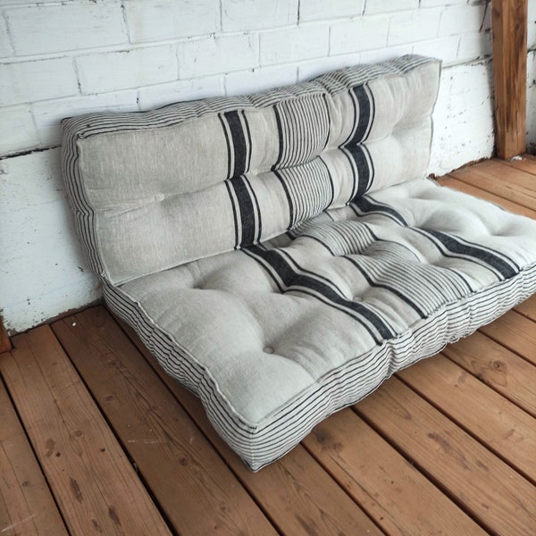 French striped linen floor cushion in Custom size, Linen french cushion, HEMP shikibuton thick mat Shiki futon filled organic fiber filler