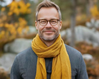 Linen Scarf in grey Unisex for men or women - mustard yellow organic pure linen scarf unisex - Gift Pure linen skinny wide scarf