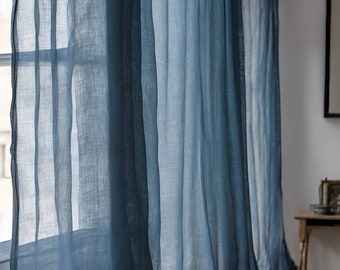 Sheer Linen Curtains, 100% linen Extra Long Curtains, Linen Curtains with rod pocket, blue PREWASHED Sheer window panel