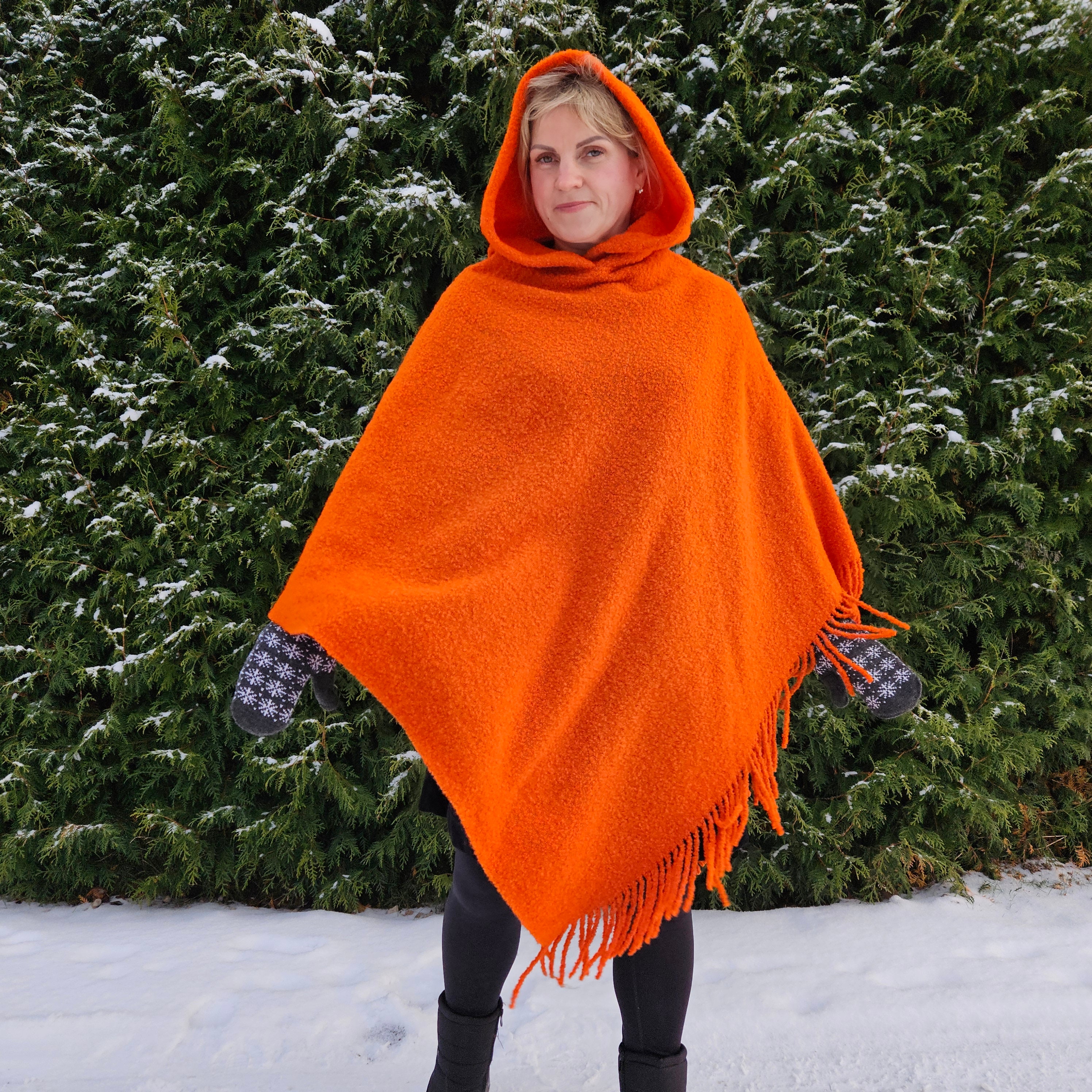 Orange Wool Blanket Poncho Cape HOODED Ladies Poncho Red Lambswool Blanket Ruana Cloak Warm and Breathable Etsy