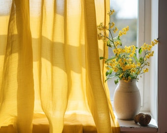 Transparente Leinen-Gardinen, 100 % Leinen, extra lange Gardinen, Leinen-Gardinen mit Stangendurchzug, gelber, vorgewaschener, transparenter Fenstervorhang