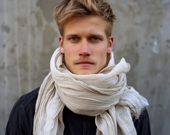 Lniany szal w kolorze złamanej bieli lub innych 40 kolorach, niebarwiony, organiczny, czysty len, unisex. Prezent dla przyjaciela, męża, kochanka, syna, ojca.
