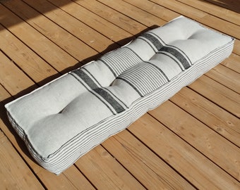 Bench cushion in French striped linen,  floor cushion in Custom size, HEMP shikibuton thick mat Shiki futon filled organic fiber filler