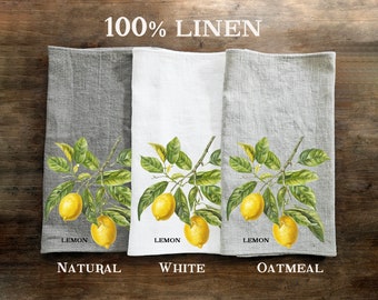 Toalla de té de árbol frutal de limón en lino, toallas de mano botánicas té en lino, toalla de plato de cítricos decoración de cocina toalla de té en lino