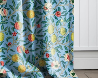 William Morris Curtain Panel Pomegranate, Floral Botanical Blue Print Curtain Panels,  Victorian Art and Crafts Curtains for living room