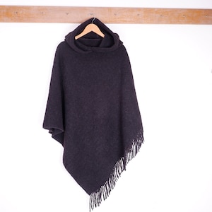 black wool blanket poncho cape HOODED- Ladies poncho Red lambswool blanket ruana  - cloak warm and breathable