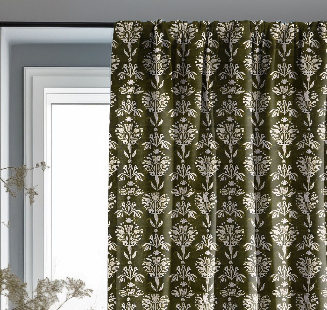 Designer Green Floral Linen Curtains, Olive Green Boho Curtain Panel