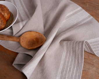 Washed linen kitchen towel. Guest hand towel. Natural dish towel. Striped French style linen towels - set of 2, Thick linen tea towels