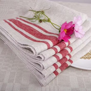Linen napkins - French linen. Natural red striped. Sack linen Cottage coutry style. Set of linen napkins. Stonewashed. Linen cloth napkins.