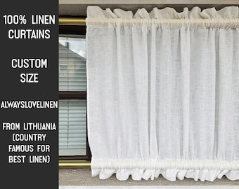 White linen Cafe Curtains in sheer linen, kitchen curtains with top and bottom rod pocket Farmhous window panel, window curtain custom size