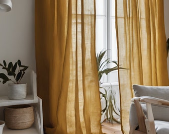 Transparente Leinen-Gardinen, 100 % Leinen, extra lange Gardinen, Leinen-Gardinen mit Stangendurchzug, senffarben, vorgewaschener, transparenter Fenstervorhang