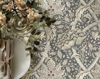 Tovaglia in lino grigio floreale - Tovaglia Windrush di William Morris - Decorazione in lino vintage moderna per la sala da pranzo