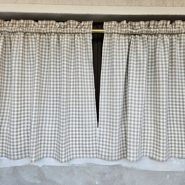 Natural linen Cafe Curtains in classic gingham, custom size Farmhous window panel, Living room Cafe Kitchen window curtain custom size