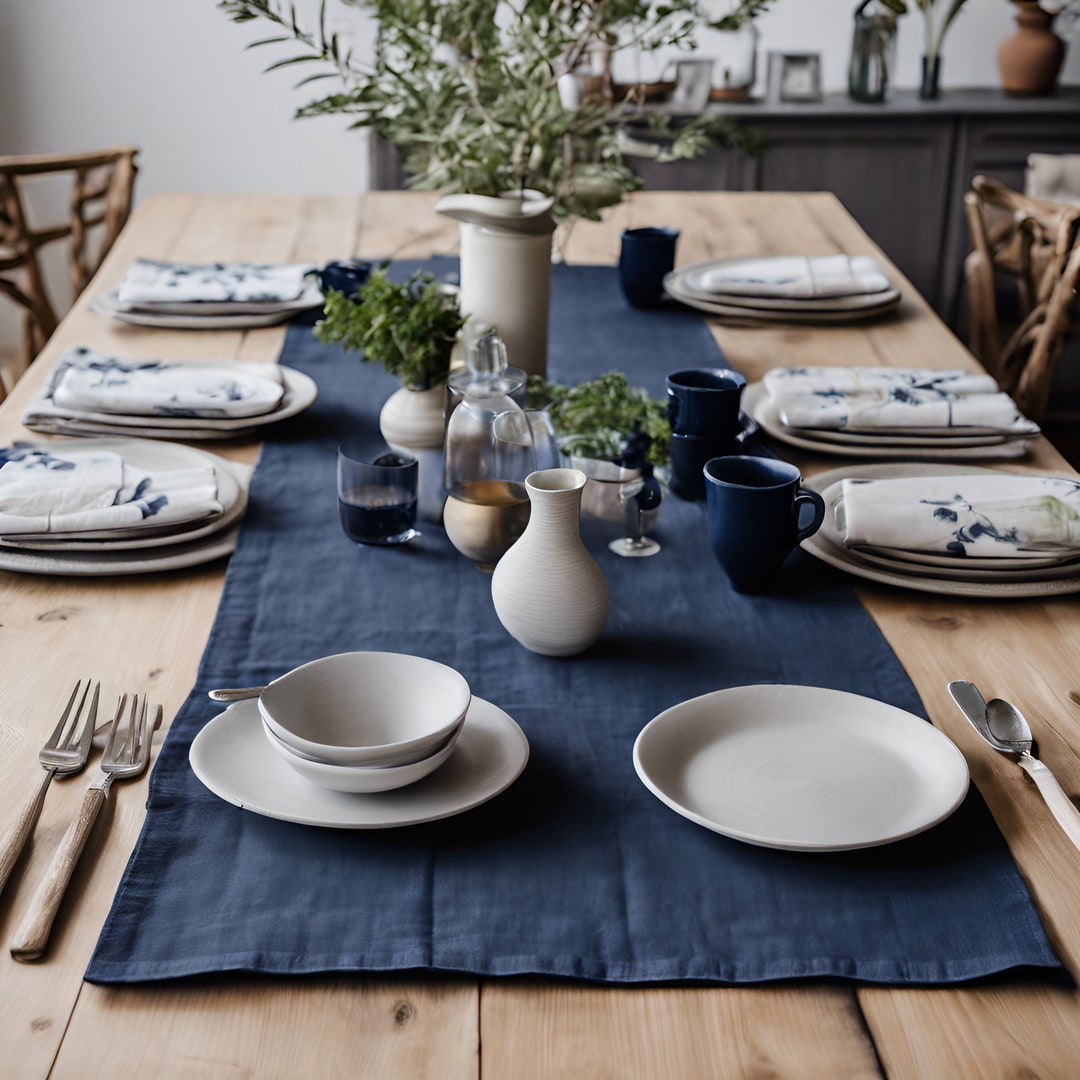 Linen Runner in Navy in Custom Size - Table Setting in Linen for ...