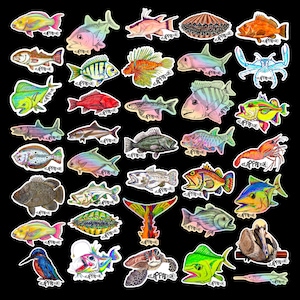 May include: A collection of colorful fish, sea creatures, and other marine life stickers. The stickers feature a variety of species, including a lionfish, a sea turtle, a pelican, and a variety of fish. The stickers are all brightly colored and feature detailed illustrations.