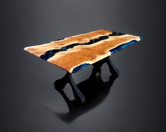 Stunning River Dining Table Brown Oak & Multi Blue Epoxy Resin