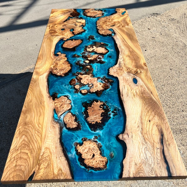 Amazing River Dining Table Burr Elm Islands and Multi Layer Ocean Art Resin SOLD