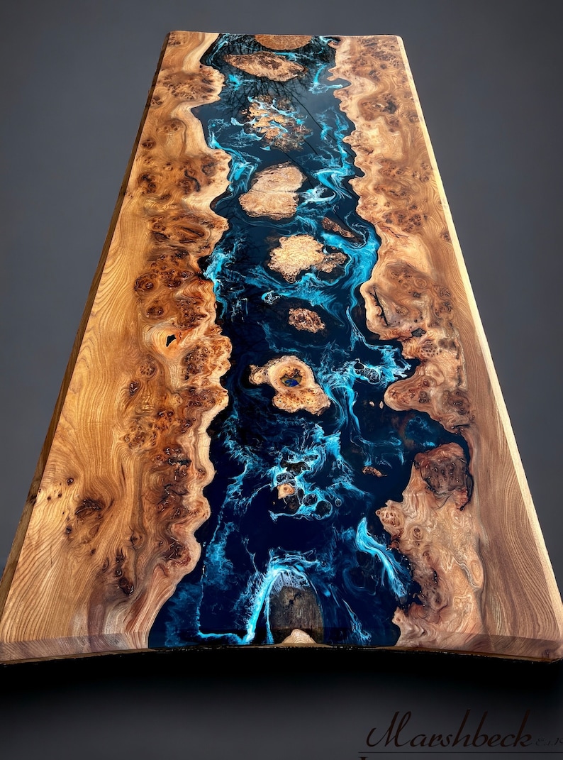 Ultimate River Table Burr Elm and Ocean Art Dining Table SOLD image 1