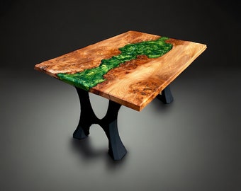 River Coffee Table Burr Elm Wood and Olive Green Epoxy Resin Artwork.