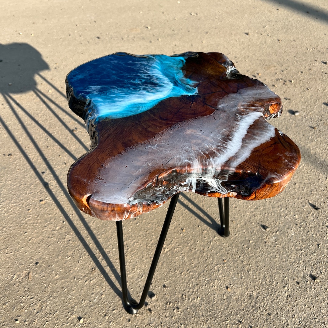 Resin & Teak Wood Ocean Art Lamp/wine/side Table Etsy