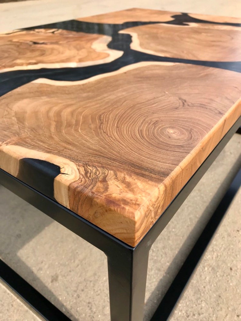 River Coffee Table with Live Edge Teak Slabs Stormcloud Grey Etsy