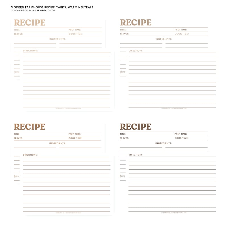 Modern Farmhouse Recipe Cards: Double-Sided 4x6, Set of 12