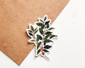 May include: A sticker featuring a botanical illustration of a coffee plant branch with green leaves, green berries, and red coffee cherries. The sticker is on a white surface with a brown paper background.