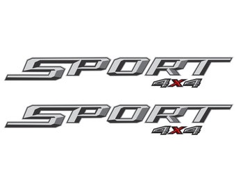 May include: Two silver decals with the word "SPORT" in a bold, 3D-style font. The word "4X4" is below the word "SPORT" in a smaller font. The "4" in "4X4" is red.