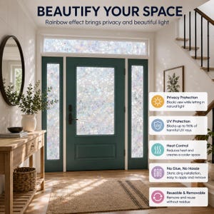 May include: A dark teal front door with sidelights featuring a decorative rainbow-effect privacy window film. The film displays a mosaic pattern that diffuses light. Text on the image includes "BEAUTIFY YOUR SPACE" and lists benefits like privacy protection, UV protection, heat control, static cling installation, and reusability.