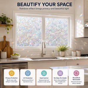 May include: A window film with a mosaic pattern that creates a rainbow light effect. The text reads: BEAUTIFY YOUR SPACE, Rainbow effect brings privacy and beautiful light, Privacy Protection, UV Protection, Heat Control, No Glue, No Hassle, Reusable & Removable.