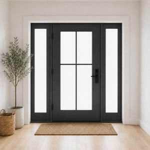 May include: A matte black front door featuring a central glass panel divided into four rectangular sections by a cross-shaped frame. The door is flanked by two tall, narrow vertical glass sidelights and includes a black handle and lock set.
