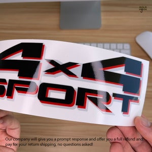 May include: Black and red 4x4 Sport decal with a glossy finish. The decal is on a white background.