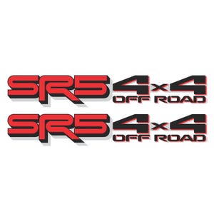 May include: Two red and black SRS5 4x4 Off Road decals. The SRS5 text is in a bold, sans-serif font with a drop shadow. The 4x4 and Off Road text are in a similar style, with a black outline and red fill.