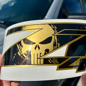 Z71 4x4 Off Road Decals for Chevrolet Silverado Truck, Bed Side Stickers, Skull Edition, Black and Gold, Metallic Finish