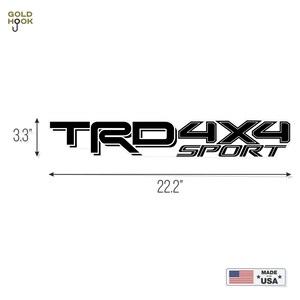 May include: Black and white decal with the text "TRD 4X4 SPORT" measuring 8.4 cm tall and 56.4 cm wide.