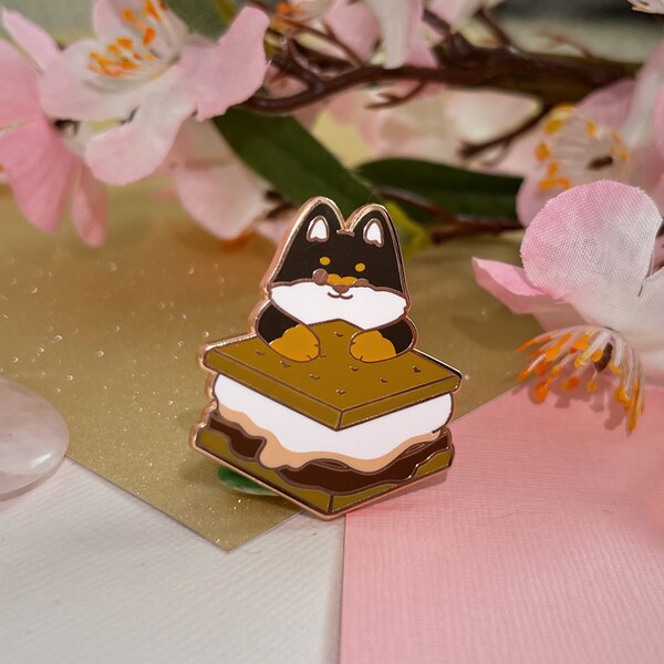 Pastry Pup | S’mores Shiba Pin | Kawaii Summer Snack Puppy Dog Brooch | Fashion accessory for hat, jacket, bag | Sweet Treat Food Aesthetic