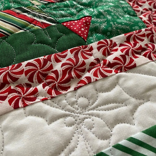 Candy and Stripes Quilted Table Runner, Green and White Striped Backing with Holly and Swirls Top Stitching, Red, Candy, Trees, Polka Dots