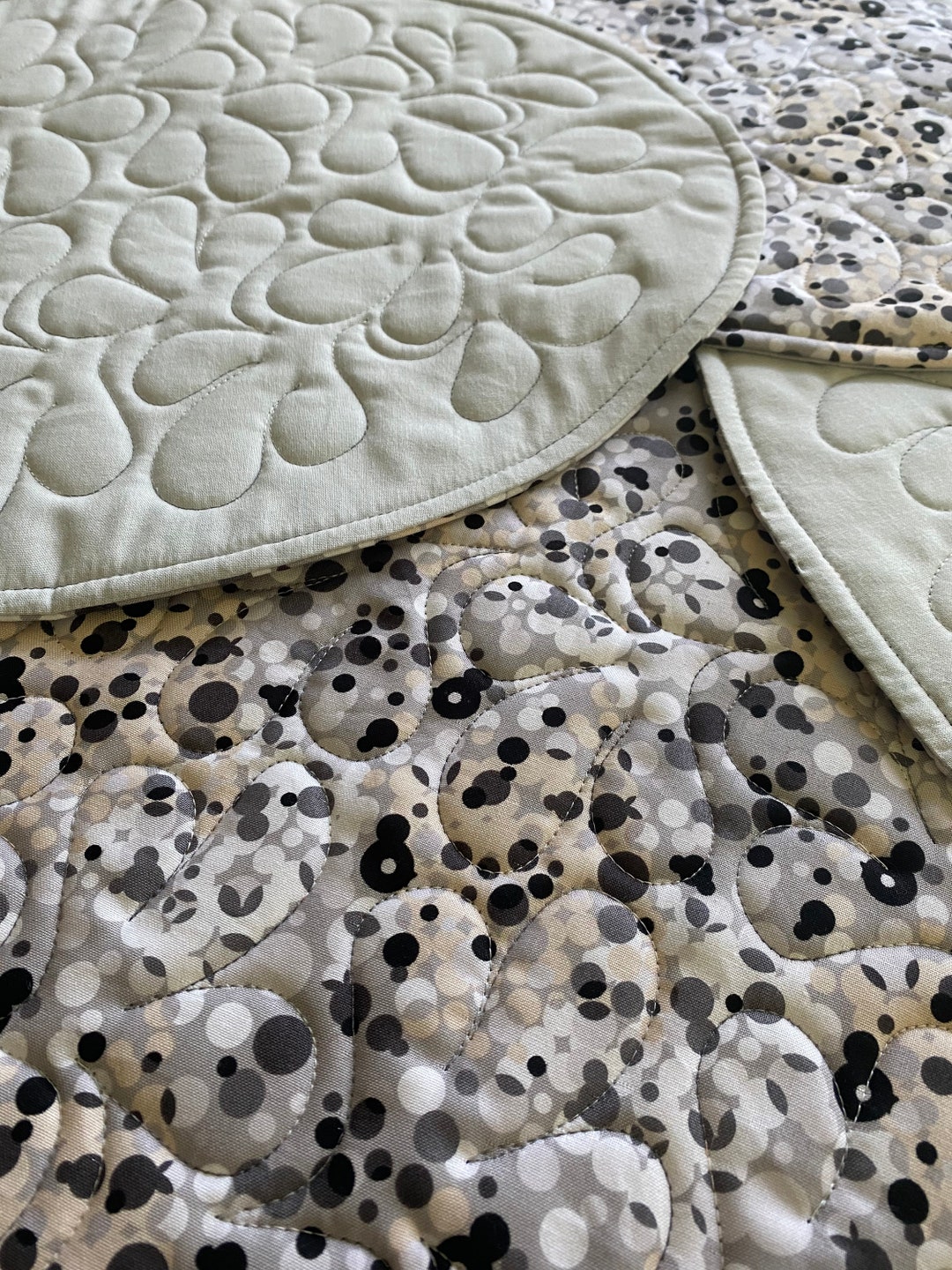 Polka Dots Overlapping in Black, White, Gray and Peach, Oval Quilted