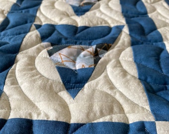 Geometric Blues Table Runner, Quilted, Coffee Table Runner, Blue, Navy, Cream, Triangles