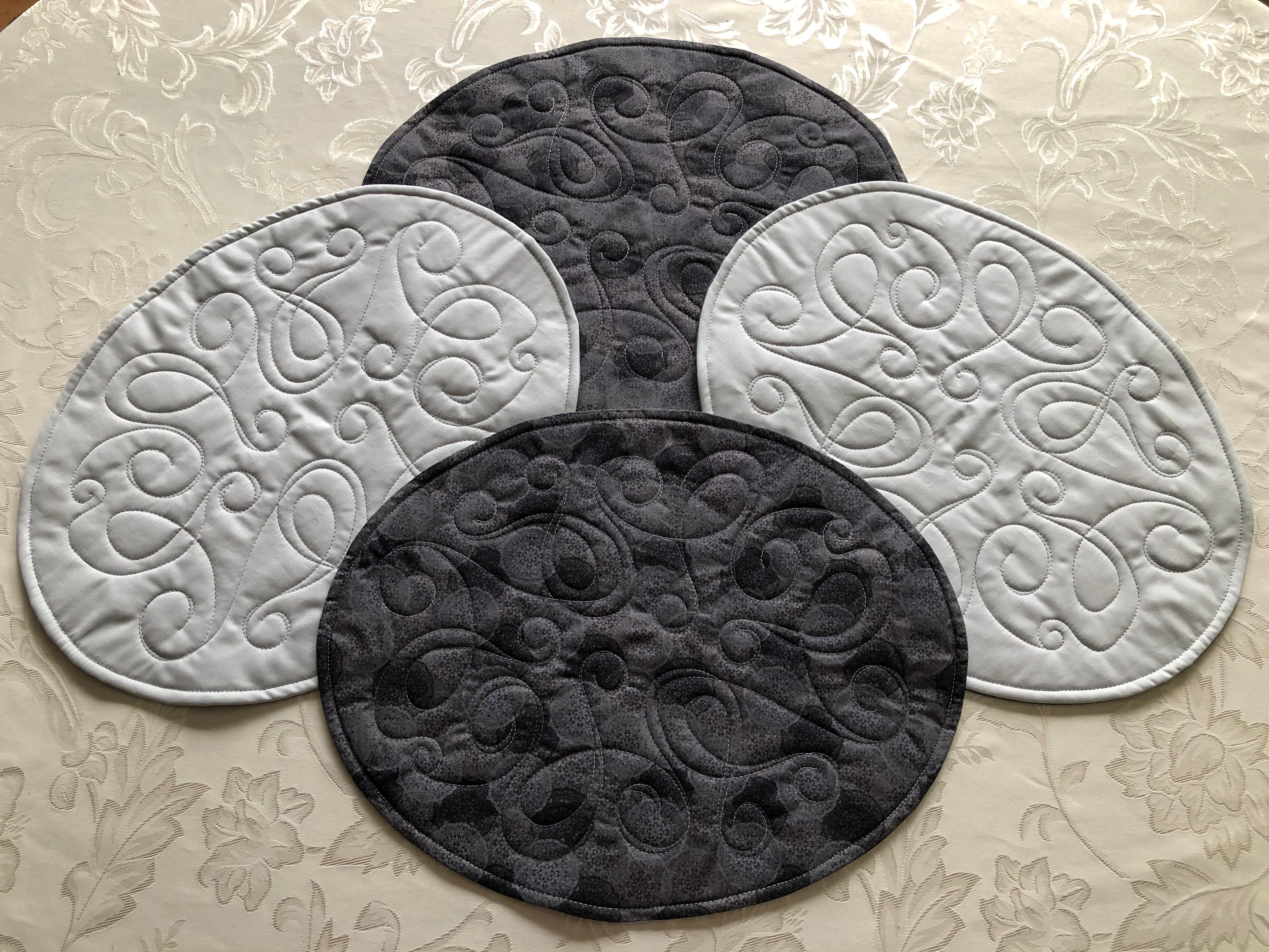 Flowered Medallion Oval Quilted Placemats Set of 4 Gray Etsy