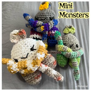 Mini Monsters *bright *glitter *gray *orange *greige *white *green *crochet *small *handheld *plushie *soft *moveable arms