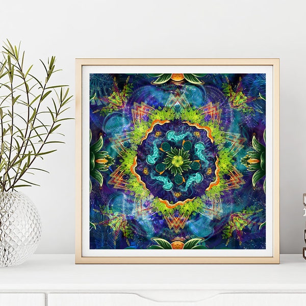 Trippy Visionary Art Illustration, Mandala Jellyfish Digital Art, Nature fractal design, Psychedelic Fractal Visualization
