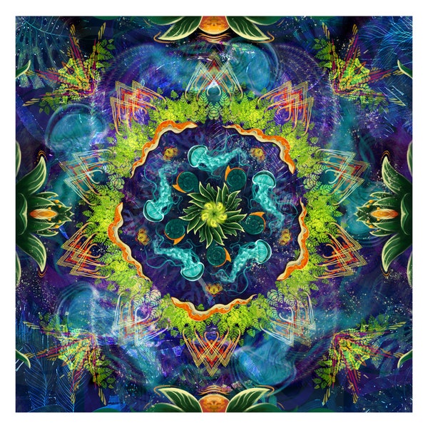 Trippy Visionary Art Canvas, Mandala Jellyfish Digital Art, Nature fractal design, Psychedelic Fractal Visualization