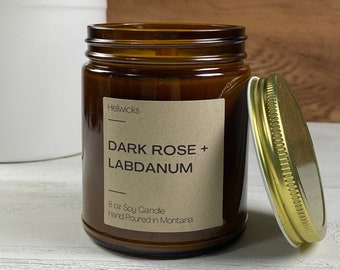 Dark Rose and LabdanumSoy Candle, Soy Candle, Wooden Wick Candle,  8 ounce Candle, Amber Glass Candle, Bath Candle
