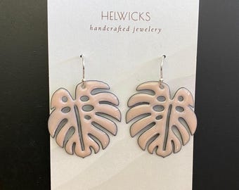 Enameled Monstera Leaf Earrings: Pink Copper Dangles, Sterling Silver