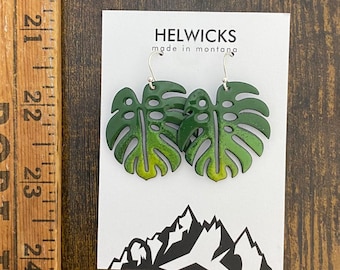 Enamel Monstera Leaf Earrings: Green Ombre, Sterling Silver