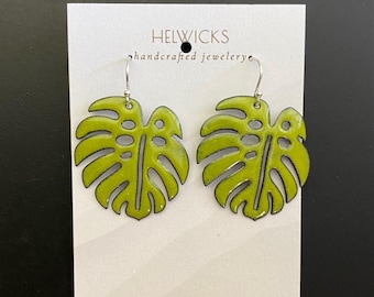 Enamel Monstera Leaf Earrings: Handmade Copper Jewelry, Sterling Silver