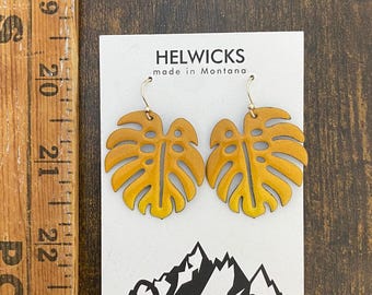 Enamel Monstera Leaf Earrings: Goldenrod Sterling Silver Wires